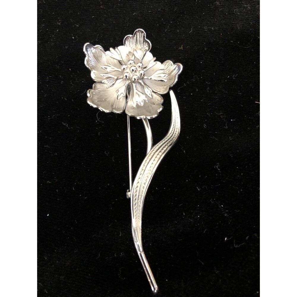 Rare Vintage Giovanni  Silver Tone Long Stem Flower Brooch 2.75”